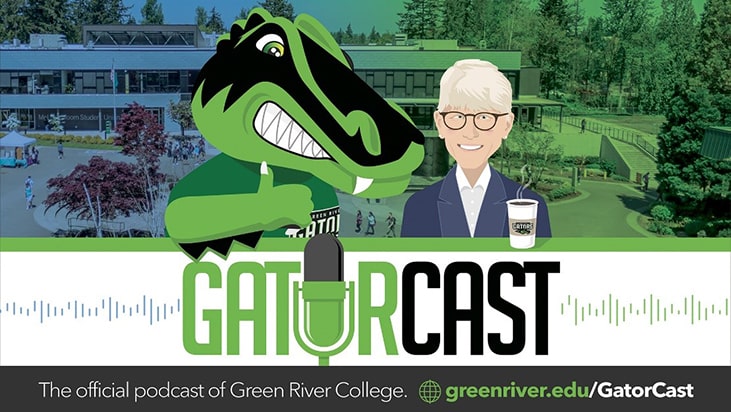 Digital slide promoting Green River College's GatorCast podcast.