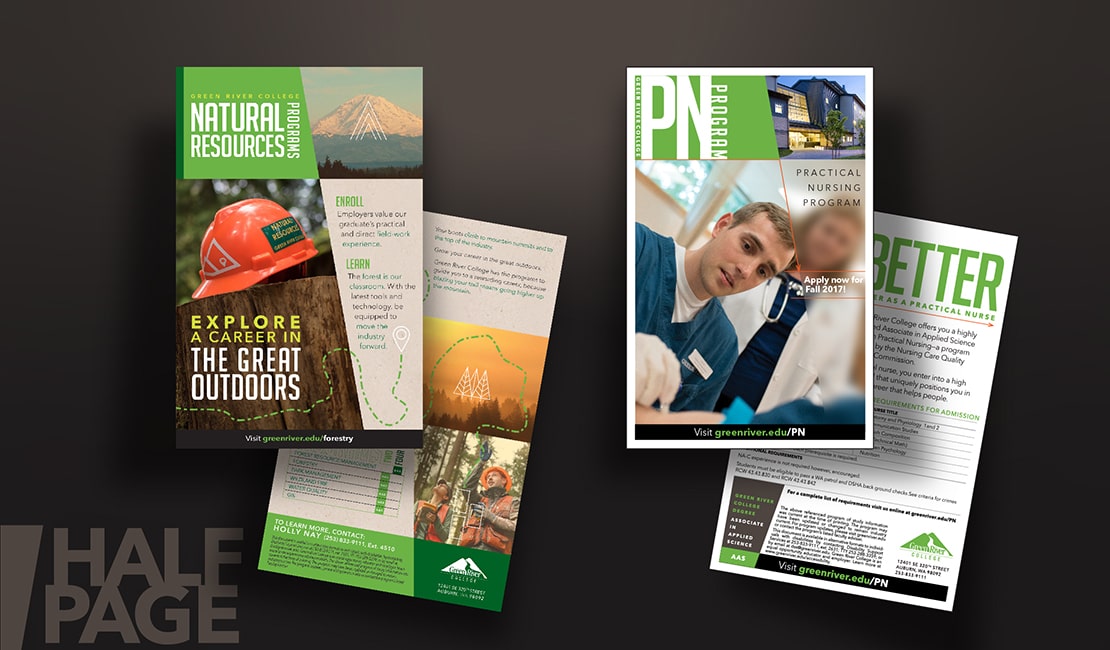 Half page flyers designed to promote Green River College programs.