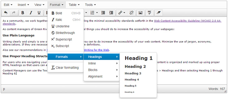 image showing how to select headers in the CMS editor