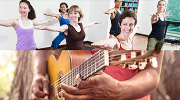 A group of individuals participating in a yoga class and a close up of a person practicing the guitar.