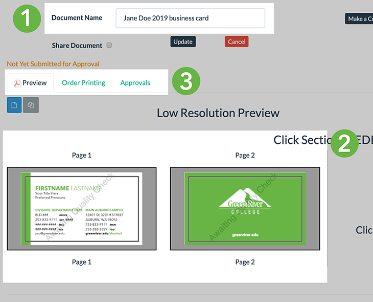 Screenshot from Design Conductor highlighting the separate elements of the Business Card design page.