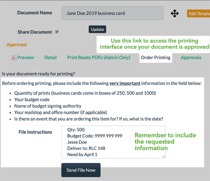 Screen from within Design Conductor for ordering prints of business cards.