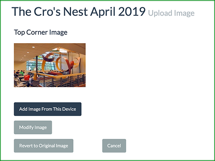 The upload image window in design conductor with buttons to add image from this device, modify image, revert to original image, and cancel.