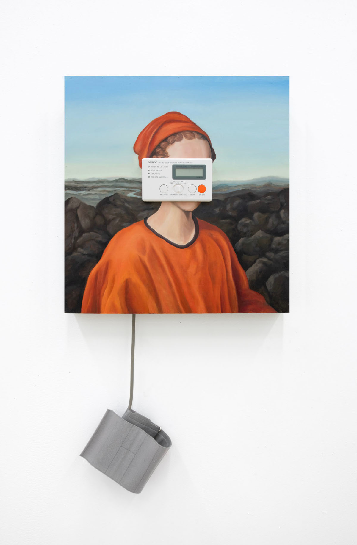 Painting by Joe Hedges, Accuracy You Can Trust, 2023, oil on panel with blood pressure monitor, 22 inches by 22 inches.