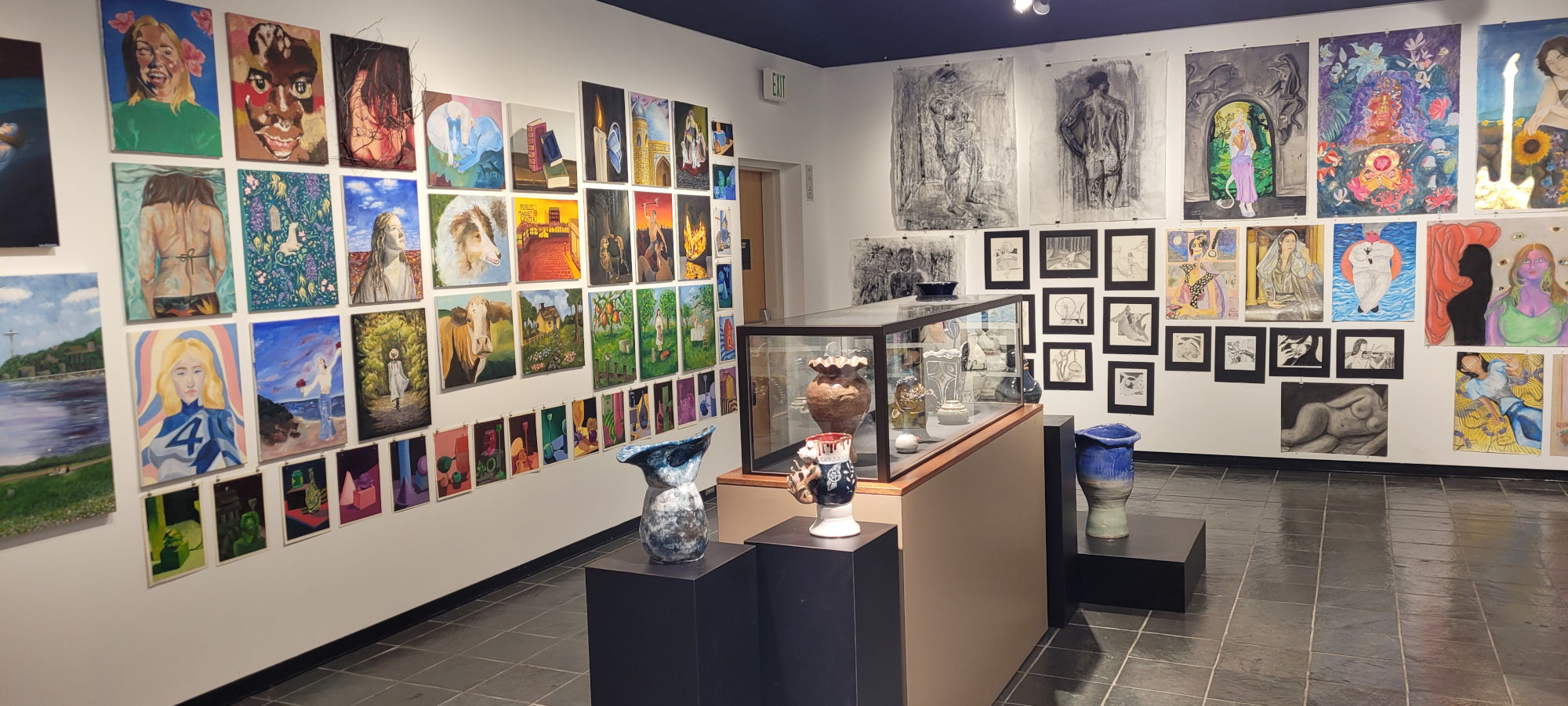 A view of the student artwork exhibit at the Helen S. Smith Gallery