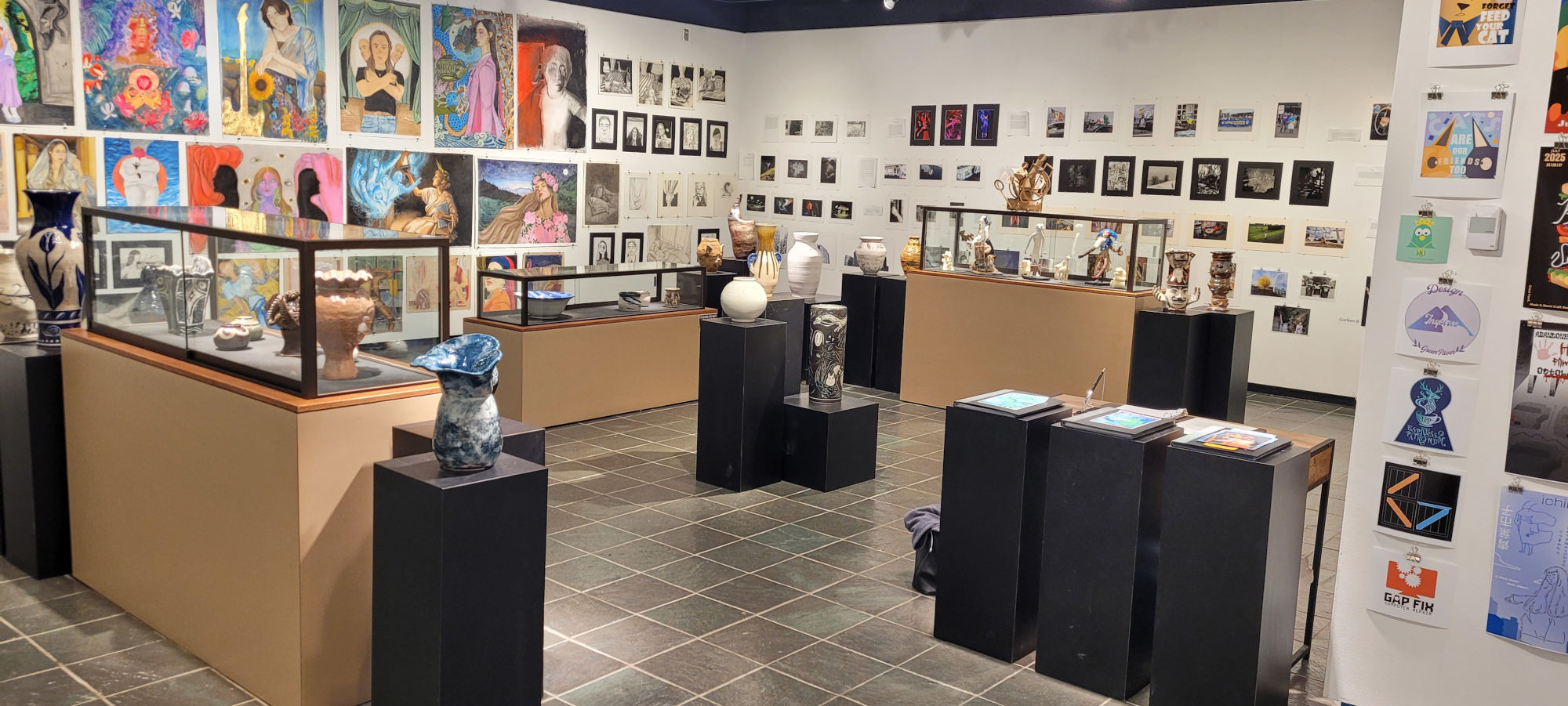 Different view of the student artwork exhibit at the Helen S. Smith Gallery