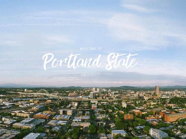 Skyline photo of Portland State University with the text 'Welcome to Portland State University'.