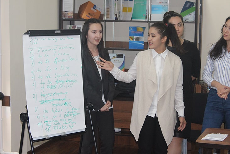 Participants of the workshop standing at a white board.