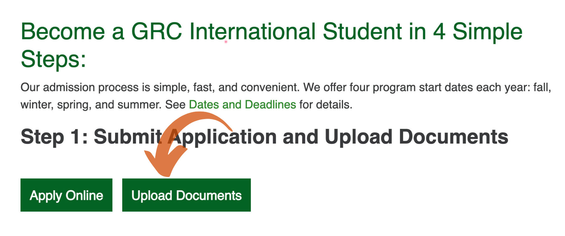 Admissions page showing where to upload documents