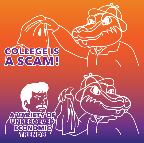 Slater the GRC mascot pulling a mask off of a person with the text: College is a Scam!, A variety of unresolved economic trends