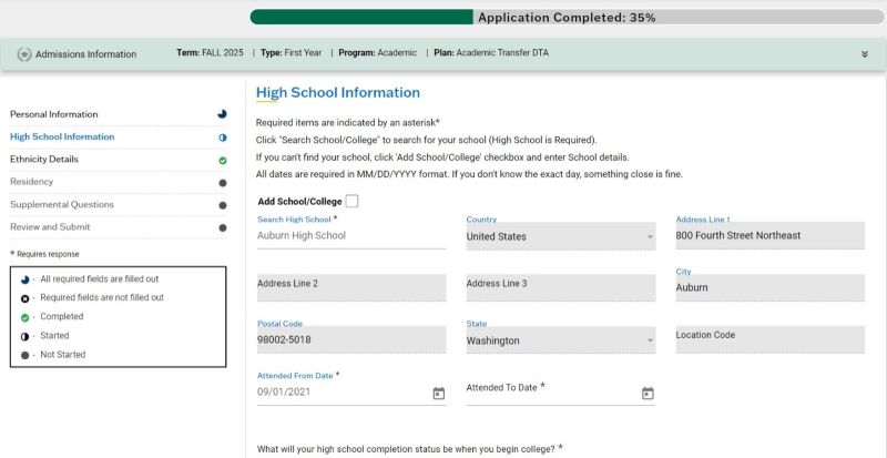 Screenshot of High School Information section