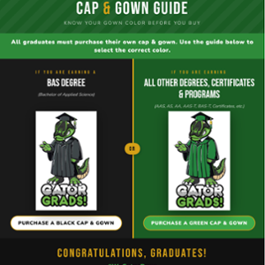 image of Slater Gator in a black and in a green cap and gown set. directions to purchase a black cap and gown if completing a Bachelors degree or purchase a green cap and gown for any other type of credential.