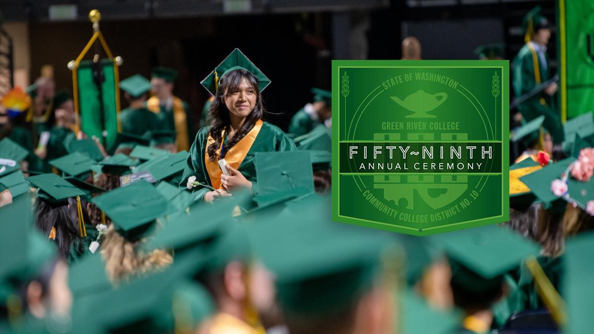 Students at a commencement ceremony with a logo that says, Fifty Ninth Annual Ceremony