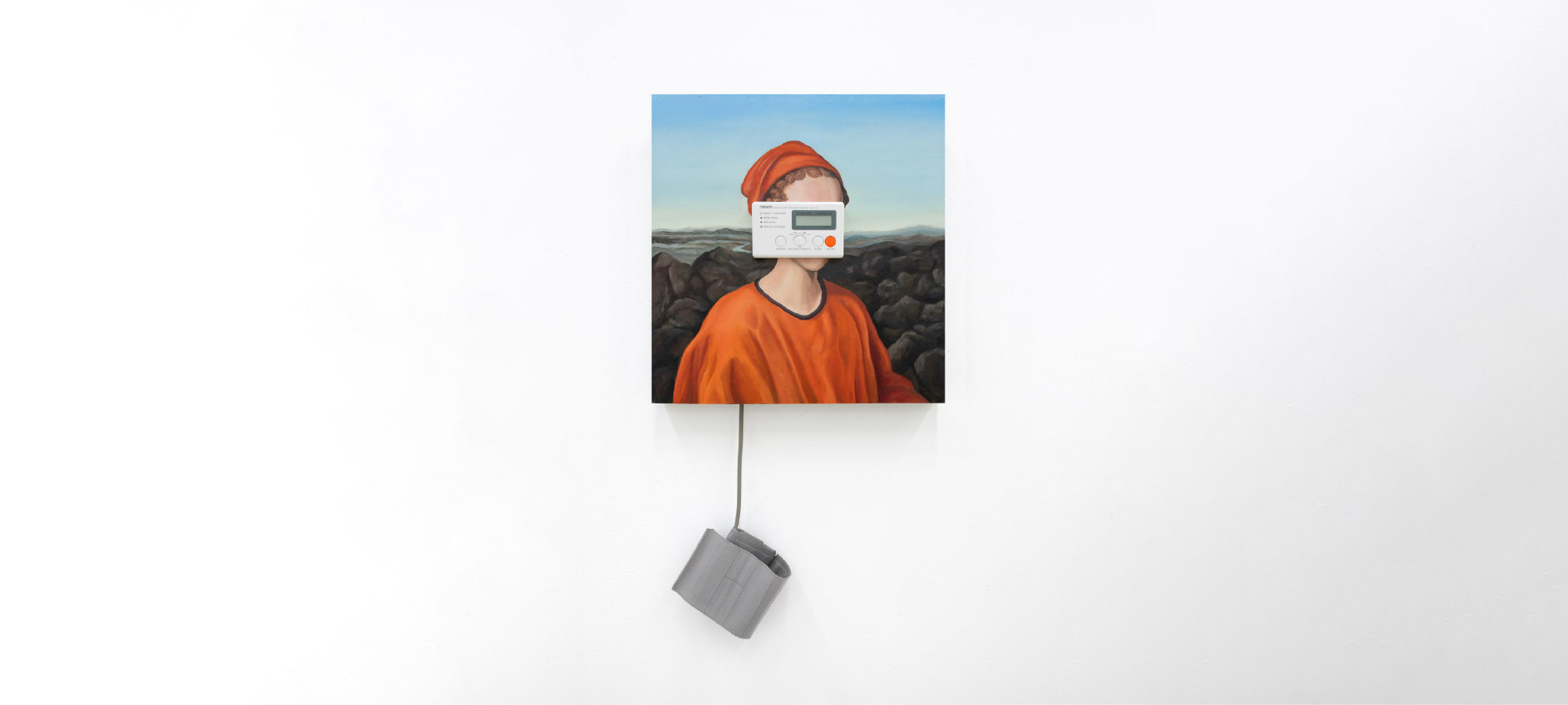 Painting by Joe Hedges, Accuracy You Can Trust, 2023, oil on panel with blood pressure monitor, 22 inches by 22 inches.