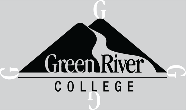 image depicting the clear space required surrounding the Green River College logo using the 'G' from the logo to create the clear space on all four sides of the logo itself.