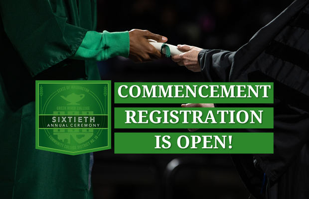 Graduate receives diploma. “Commencement Registration is Open” announcement.