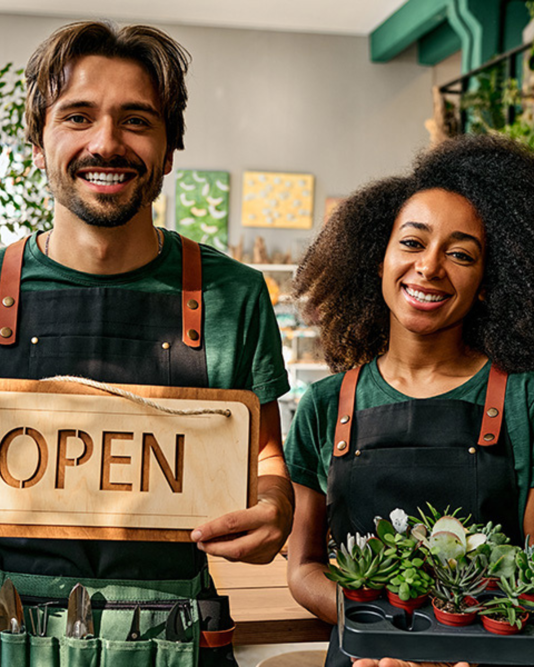 two shop owners holding plants and an open sign
