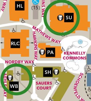 Cropped section of the main campus map, with gender inclusive restroom icons visible on the buildings labeled SA, SH, WB and PA