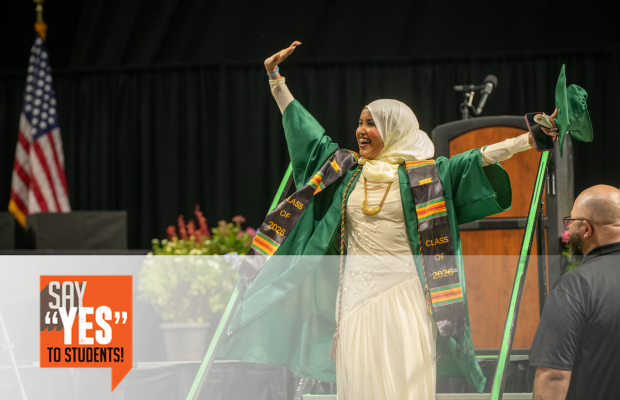 Foundation scholarships "say yes" logo over an image of a green river graduate walking