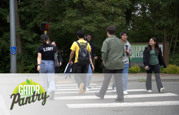 gator pantry logo over picture of students using a cross walk 