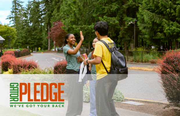 gator pledge logo over image of students high fiving 