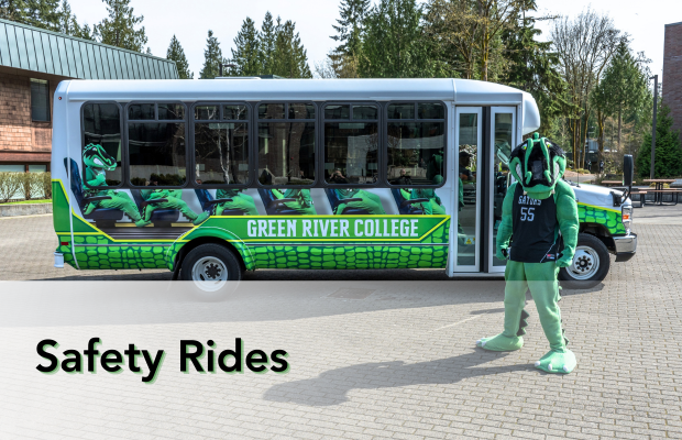the words 'safety rides' over an image of the green river shuttle and Slater 